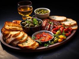 Delicious mediterranean appetizer platter with olives, bread, and dips photo