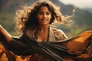 Captivating woman with flowing hair in the wind photo