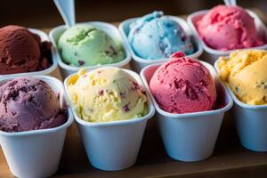 Assortment of colorful ice cream scoops in cups photo