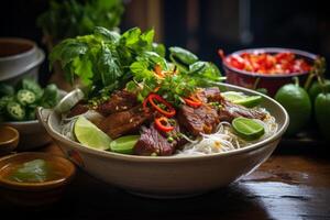 Delicious Vietnamese beef noodle soup with fresh herbs and vegetables photo