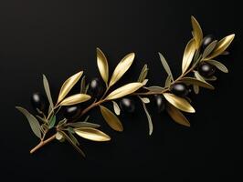 golden olive branch with black olives on dark background photo