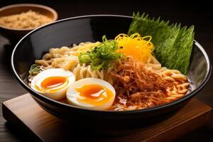 Delicious asian noodle dish with soft boiled eggs photo