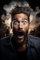 Shocked man with dramatic expression and explosion in background photo