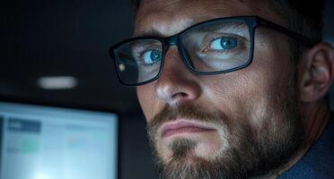 Focused programmer working late at night on a computer photo