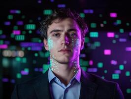 Futuristic man with digital data overlay on face, artificial intelligence concept photo