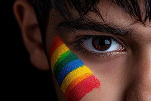 Close up of a persons eye with a rainbow painted on their cheek, showing pride and support for the lgbtq community photo