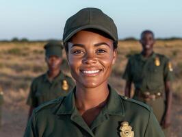 Portrait of a smiling female park ranger in uniform, with colleagues in the background photo