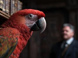Close up of a scarlet macaw parrot with a blurred businessman in the background photo