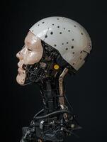 Close up of a female android robot head and shoulders, showing intricate mechanical details photo