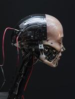 Close up of a realistic robotic head with exposed wires and mechanics photo