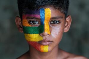 Close up portrait of a young boy with colorful face paint photo