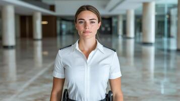 Confident female security guard standing in a modern building photo