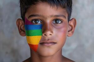 Close up portrait of a young boy with a rainbow painted on his face photo