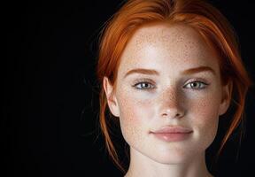 Close up portrait of a beautiful redhead woman with freckles photo