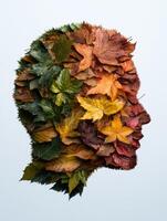 Autumn leaves arranged in the shape of a human head, symbolizing the changing seasons and the passage of time photo
