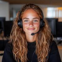 Smiling customer service representative wearing headset in office photo
