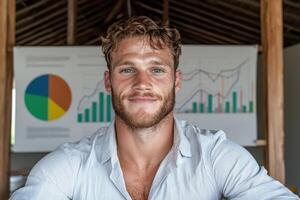 Confident businessman smiling in modern office with graphs in background photo