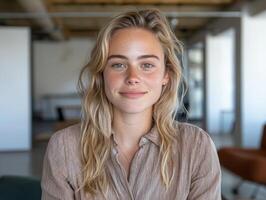 Portrait of a young woman with freckles smiling in a modern office photo