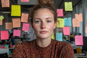 Young woman with freckles and bun hairstyle, working in a modern office with colorful sticky notes photo