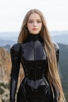 Futuristic female warrior in sleek black armor stands on a mountaintop photo