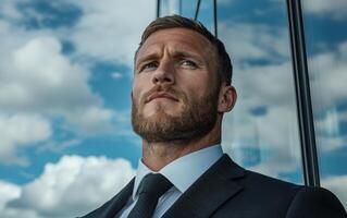 Confident businessman looking up at the sky, dreaming big and planning for the future photo