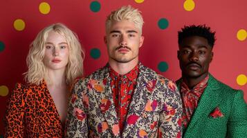 Stylish friends posing together in colorful suits against a vibrant background photo