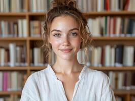Portrait of a young woman with freckles smiling in a library photo