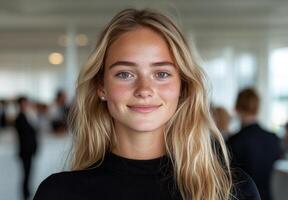 retrato de un joven mujer con pecas y rubia pelo foto