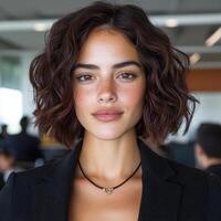 Attractive young woman with wavy bob haircut and freckles photo
