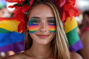 Smiling woman with rainbow face paint at pride parade photo