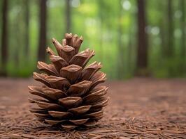 Single pine cone on forest floor photo