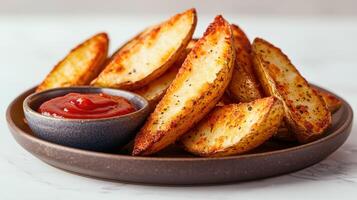 Crispy golden potato wedges with ketchup photo