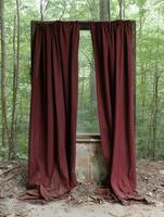Rustic window with maroon curtains in a forest setting photo