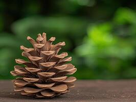 Close up of a pine cone on a wooden surface with a blurred green background photo