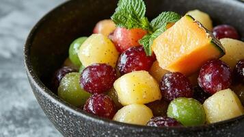 Refreshing fruit salad with melon and grapes in a rustic bowl photo