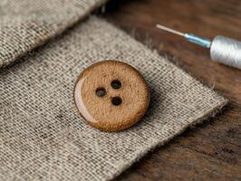 Close up of a wooden button on burlap fabric with needle and thread photo