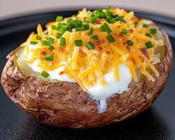 Loaded baked potato with cheddar cheese, sour cream, and chives photo