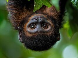Close up of a curious monkey hanging upside down from a tree branch in a lush green forest photo