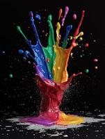 Vibrant rainbow paint splash explosion on black background photo