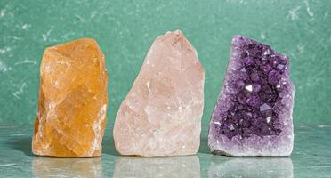 Three vibrant chakra crystals. carnelian, rose quartz, and amethyst, arranged on a green background photo