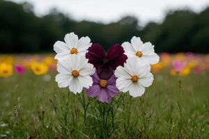 Close up of colorful cosmos flowers in a field photo