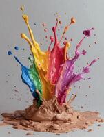 Rainbow paint splash explosion on brown background photo