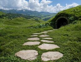 Stone path leading to a hobbit hole in a green field with mountains in the background photo
