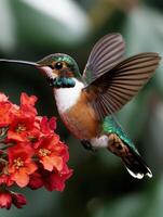 Hummingbird in flight hovering near red flowers photo