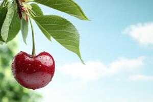 Single ripe cherry with water drops hanging from a branch against a blue sky background photo