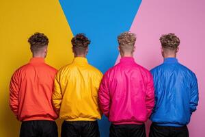 Back view of four stylish men in colorful jackets against a vibrant backdrop photo
