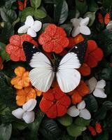 White butterfly on colorful flowers and green leaves photo