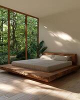 Modern minimalist bedroom with wooden platform bed and large windows overlooking a lush green forest photo