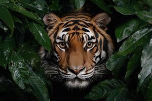 Close up of a majestic tiger peering from lush green foliage photo