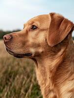 Profile of a fox red labrador retriever in a field photo